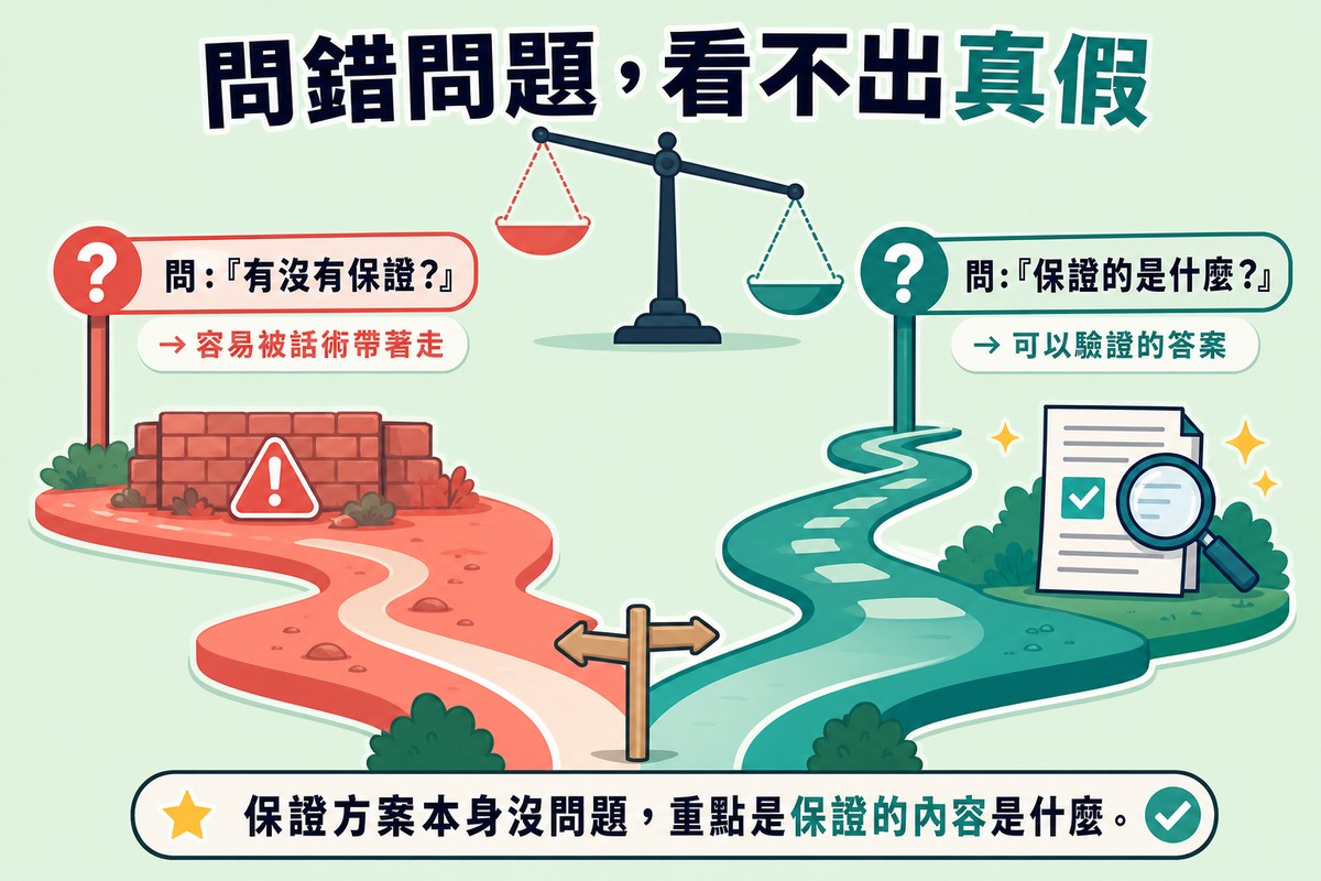 天秤兩端分別連向左邊寫著問有沒有保證通往磚牆死路,與右邊寫著問保證的是什麼通往放大鏡核對文件的兩條岔路