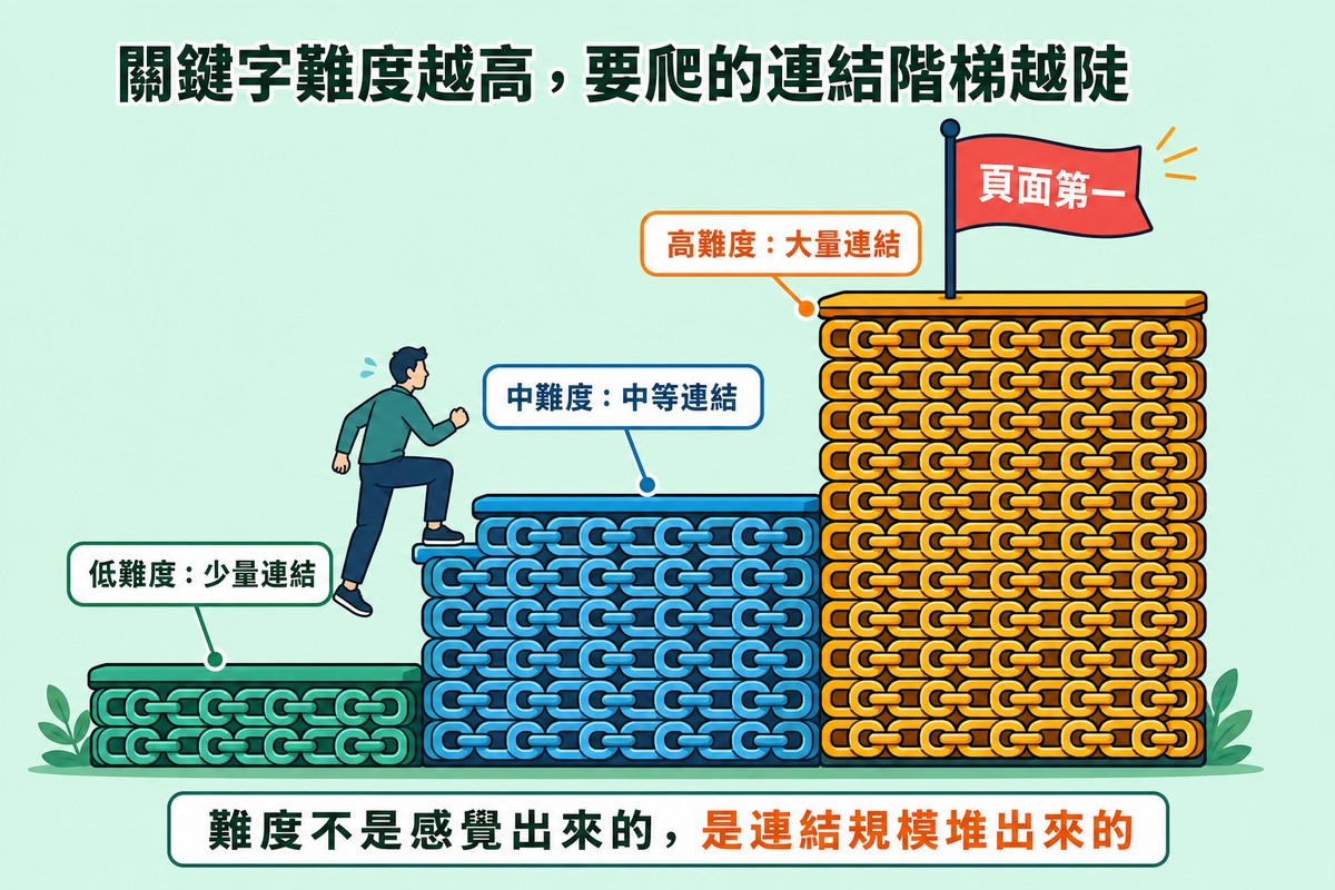 三階越爬越高的樓梯，每一階都由堆疊的鎖鏈圖示組成，代表關鍵字難度越高需要越多轉介網域，一個小人物正在階梯中段往上爬，頂端插著旗幟。