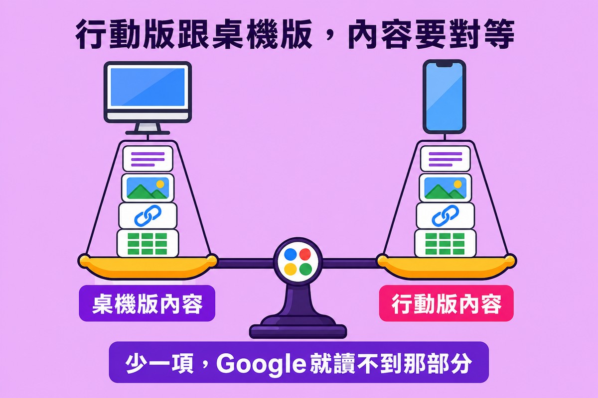 一座天秤左邊秤盤放桌機螢幕與四個內容圖示,右邊秤盤放手機與相同的四個內容圖示,天秤保持水平平衡