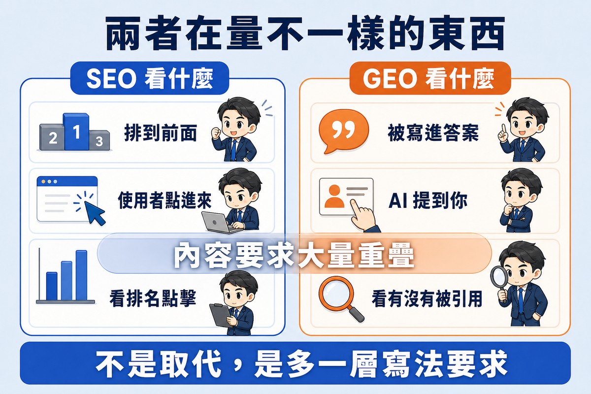 解說圖:左欄「SEO 看什麼」列出排到前面、使用者點進來、看排名點擊;右欄「GEO 看什麼」列出被寫進答案、AI 提到你、看有沒有被引用;中間一條橫跨兩欄的帶狀區塊標示「內容要求大量重疊」。