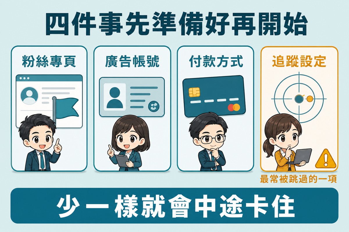 解說圖:四個並排方框,各配一個小圖示,依序是粉絲專頁、廣告帳號、付款方式、追蹤設定;第四格以對比色外框標示並註明最常被跳過的一項。