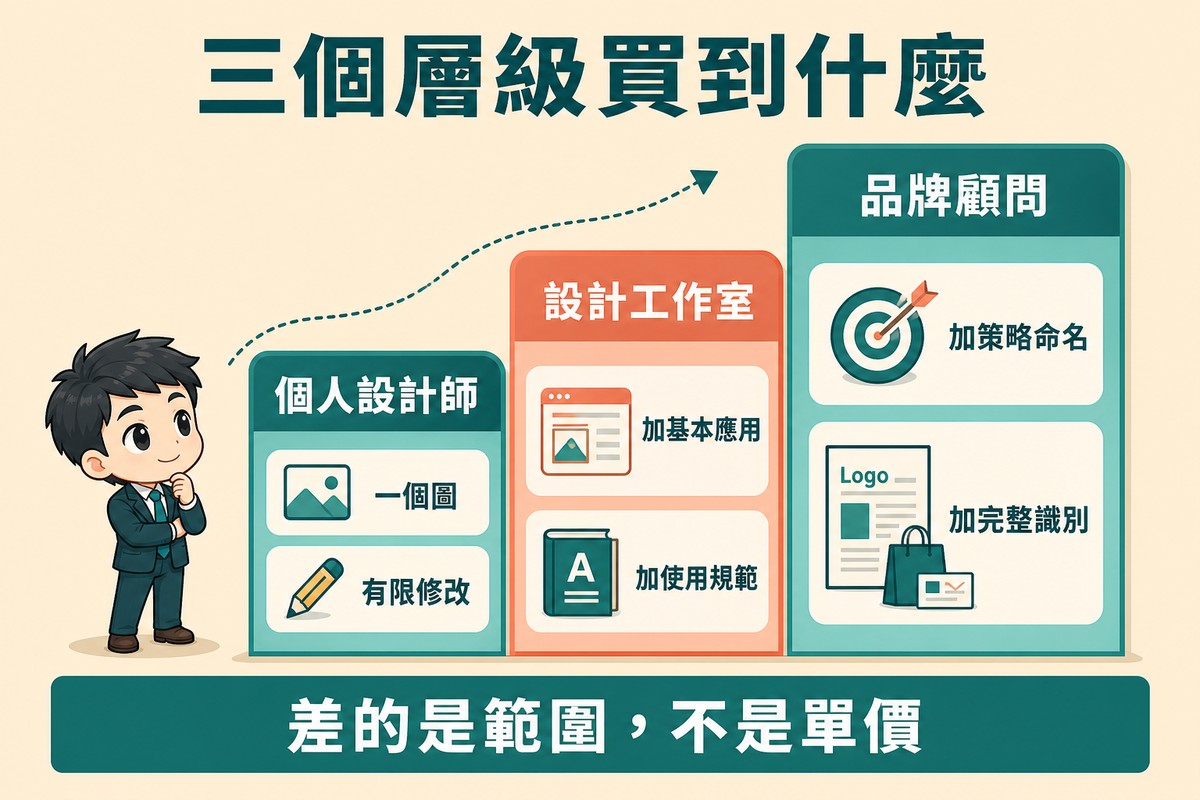 三根由左至右漸高的直條像階梯,最矮的標個人設計師含一個圖與有限修改,中間標設計工作室含加基本應用與加使用規範,最高的標品牌顧問含加策略命名與加完整識別;左邊一位企業主角色抬頭沿階梯往上看。