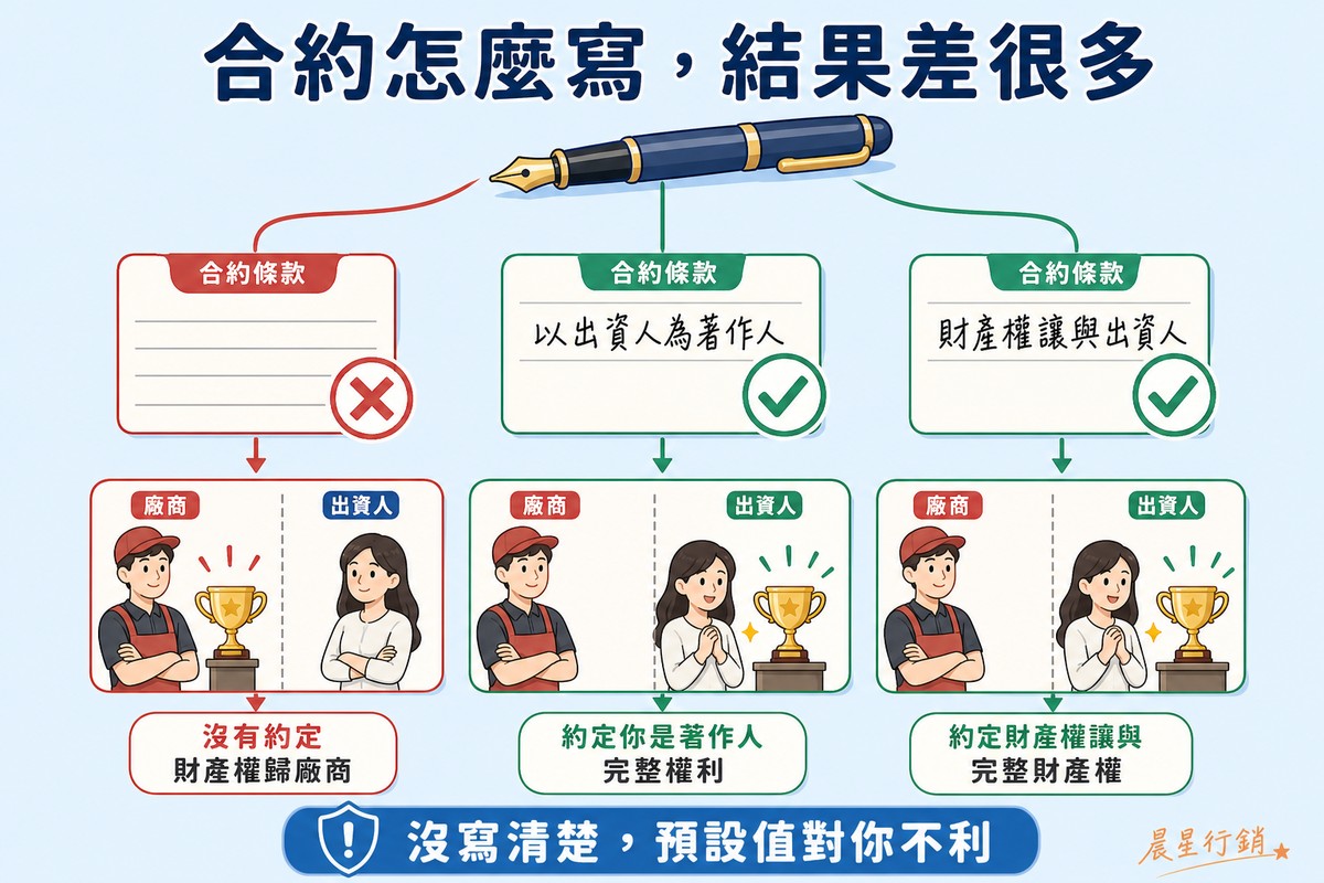 一支筆分出三條路徑，沒約定的通往叉號且獎盃留在廠商那邊，另外兩種約定方式通往勾號且獎盃留在業主那邊