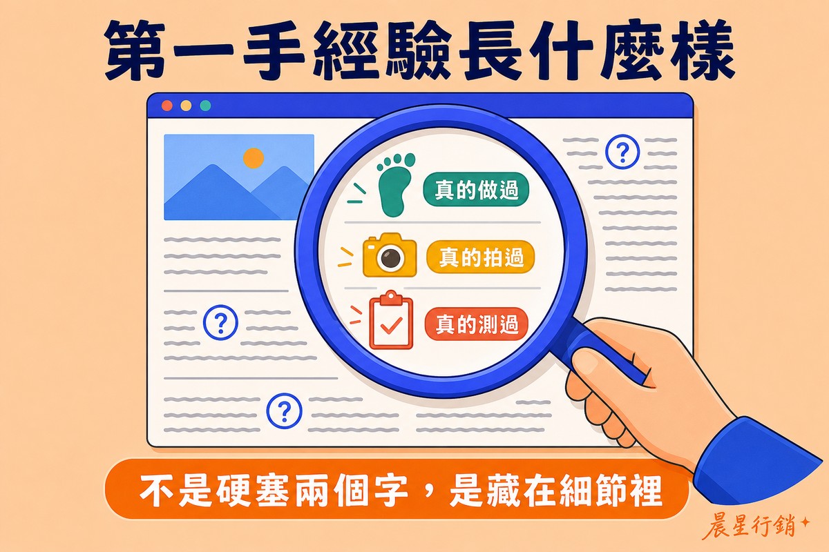 放大鏡檢視文章第一手經驗的示意圖,鏡頭裡看到腳印、相機、打勾清單三個代表真的做過、拍過、測過的圖示