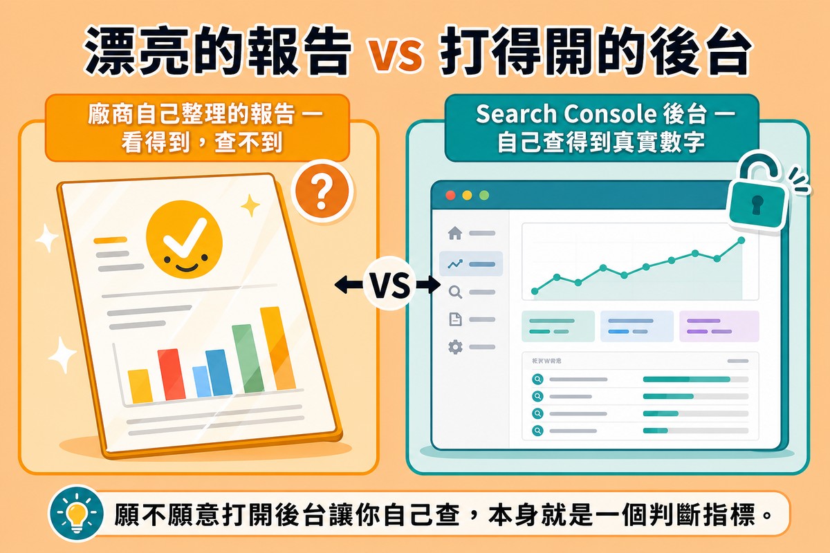 左側是廠商自己整理的漂亮報告文件圖示標示看得到查不到,右側是模擬Search Console儀表板視窗標示自己查得到真實數字,中間以VS對比