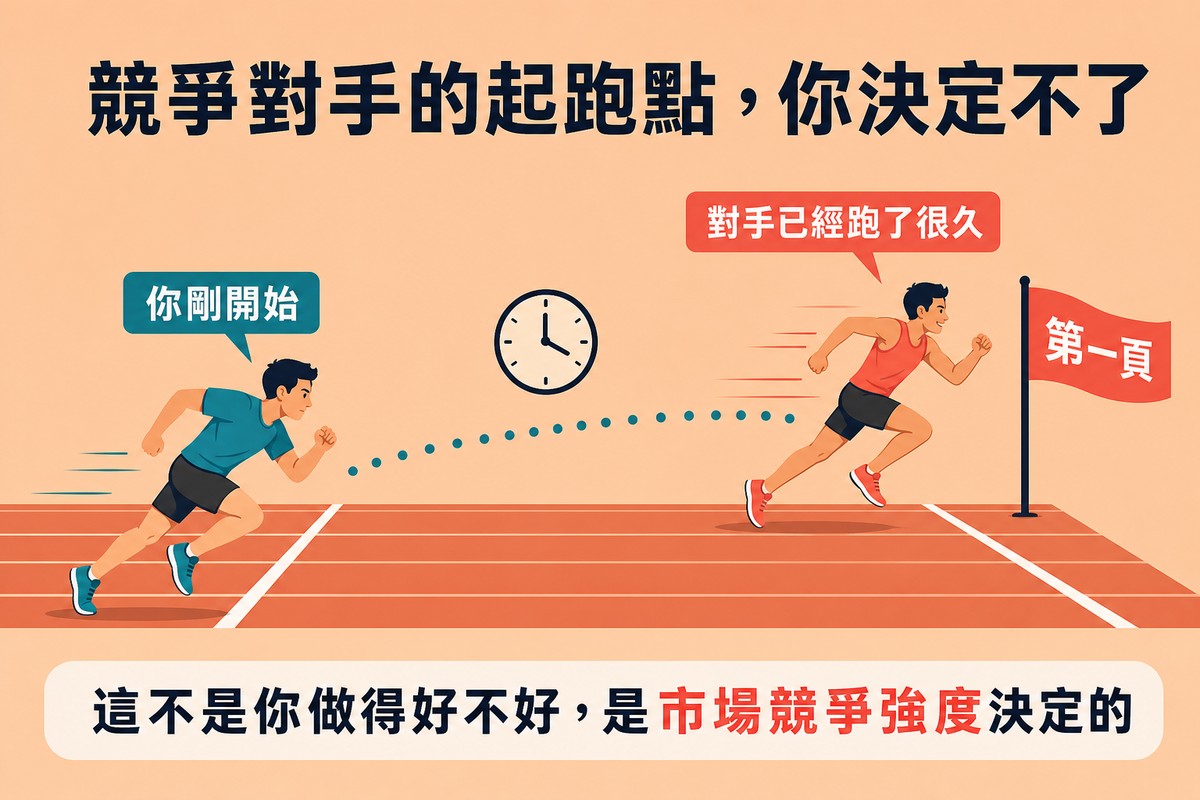 一條跑道上，對手選手已經跑到接近終點旗第一頁，自己這方的選手才剛從起跑線出發，兩者之間有時鐘圖示。