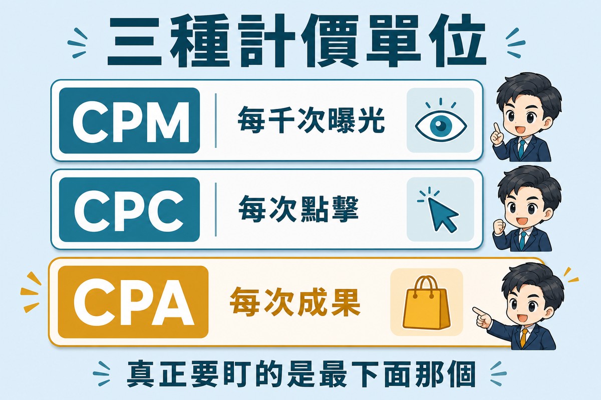 解說圖:三列橫向排列,依序為 CPM 每千次曝光、CPC 每次點擊、CPA 每次成果,各配一個小圖示;最下面 CPA 那列以對比色強調並畫得較寬。