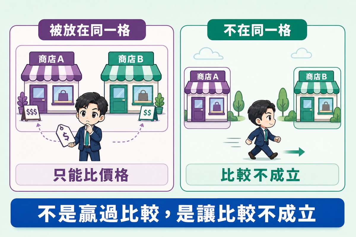 解說圖:左框兩個店家圖示被圈在同一個方框裡、客人拿著價格牌在兩者間比較,標被放在同一格、只能比價格;右框同樣兩個店家分別在兩個相距很遠的方框裡、客人毫不猶豫走向其中一家,標不在同一格、比較不成立。
