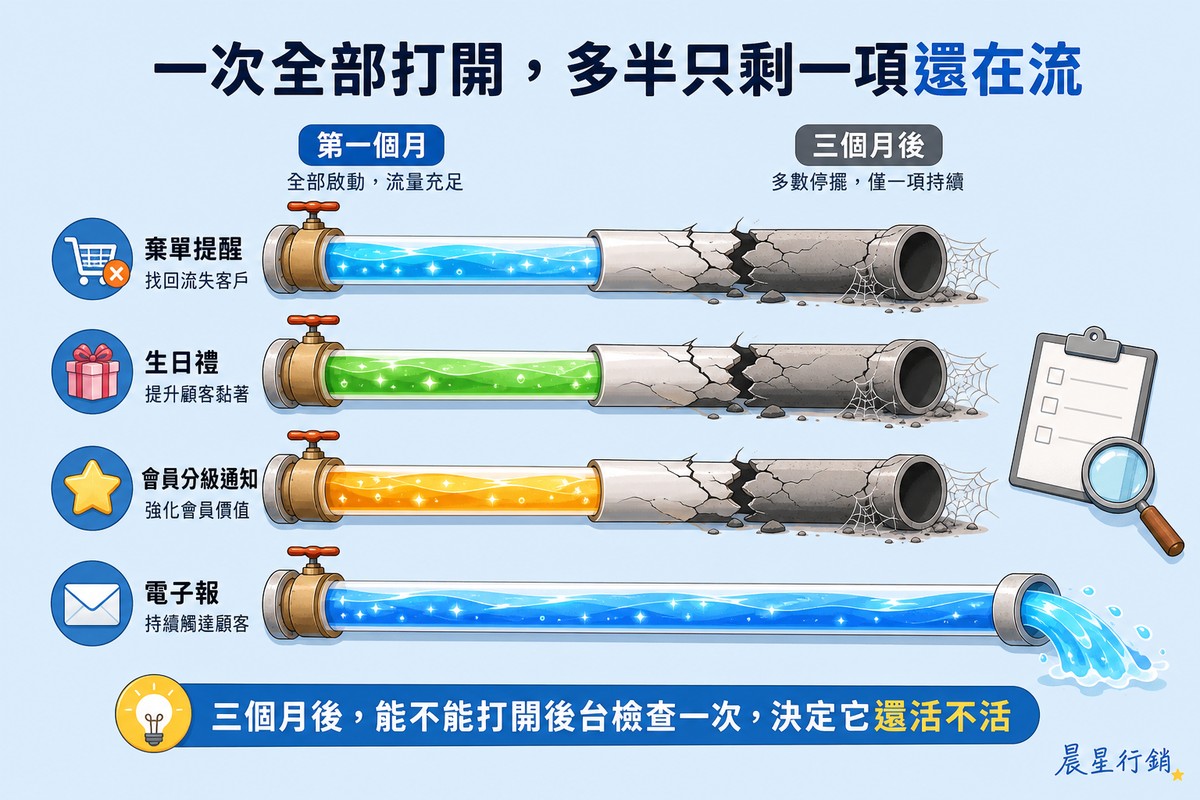 淡藍背景，四條管線分別標示棄單提醒、生日禮、會員分級通知、電子報，左側第一個月全部管線都在發光流動，右側三個月後其中三條管線龜裂乾涸長出蜘蛛網，只剩電子報那條仍在流動出水