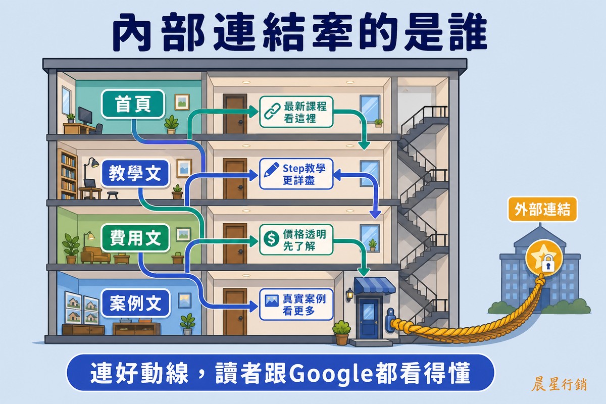內部連結建築剖面圖,首頁、教學文、費用文、案例文四個房間用走廊互相連接,並有一條繩索連到外部建築代表外部連結