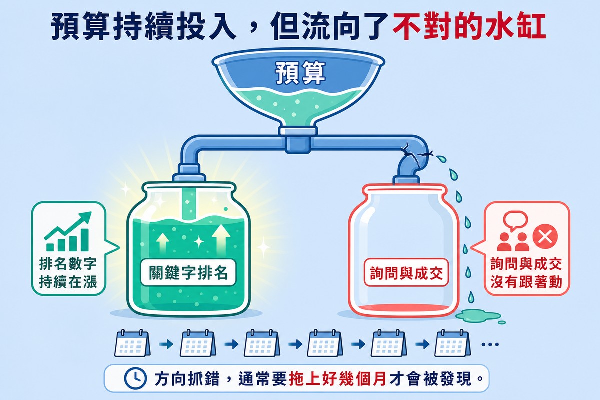 標示預算的漏斗持續注水,水流入標示關鍵字排名且逐漸升高發光的水缸,但另一個標示詢問與成交的水缸因管線裂縫漏水而幾乎沒有增加,底部有一排日曆代表時間流逝