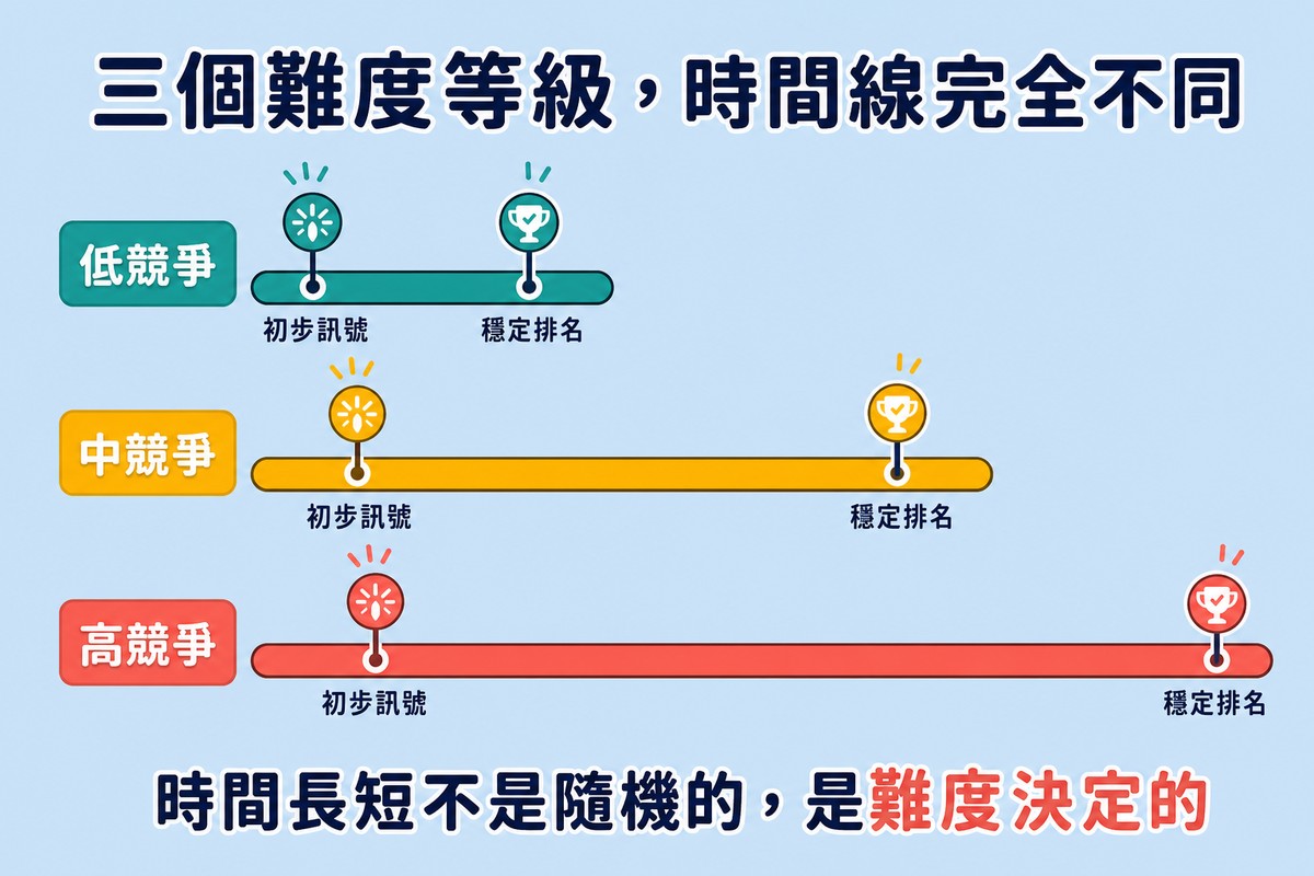 三條長度不同的水平時間軸由上到下分別代表低競爭、中競爭、高競爭，每條軸上標示初步訊號與穩定排名兩個里程碑旗標。