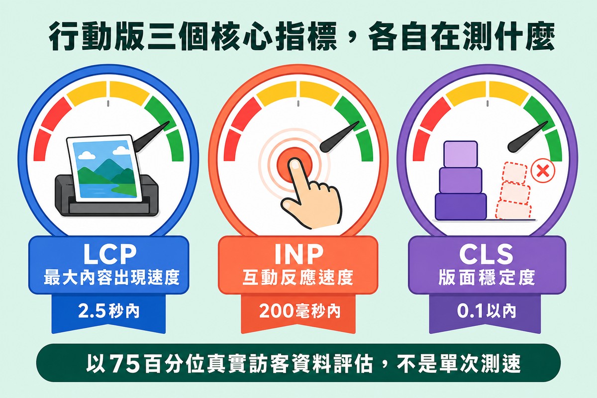 三個並排儀表板,分別畫相片圖示代表LCP、點擊漣漪圖示代表INP、堆疊方塊圖示代表CLS,各自標示達標門檻