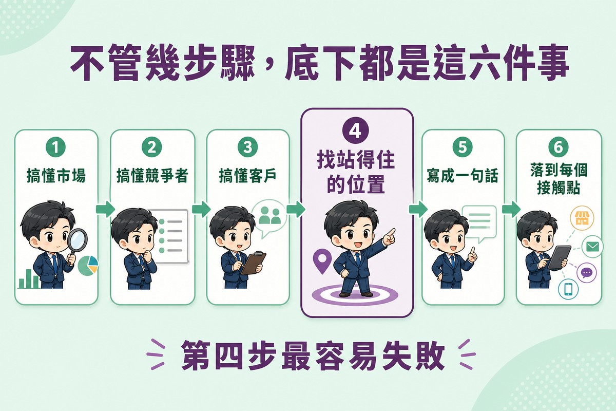 解說圖:六個編號步驟以箭頭連成一條橫向路徑,依序為搞懂市場、搞懂競爭者、搞懂客戶、找站得住的位置、寫成一句話、落到每個接觸點;第四步畫得較大並以對比色強調。