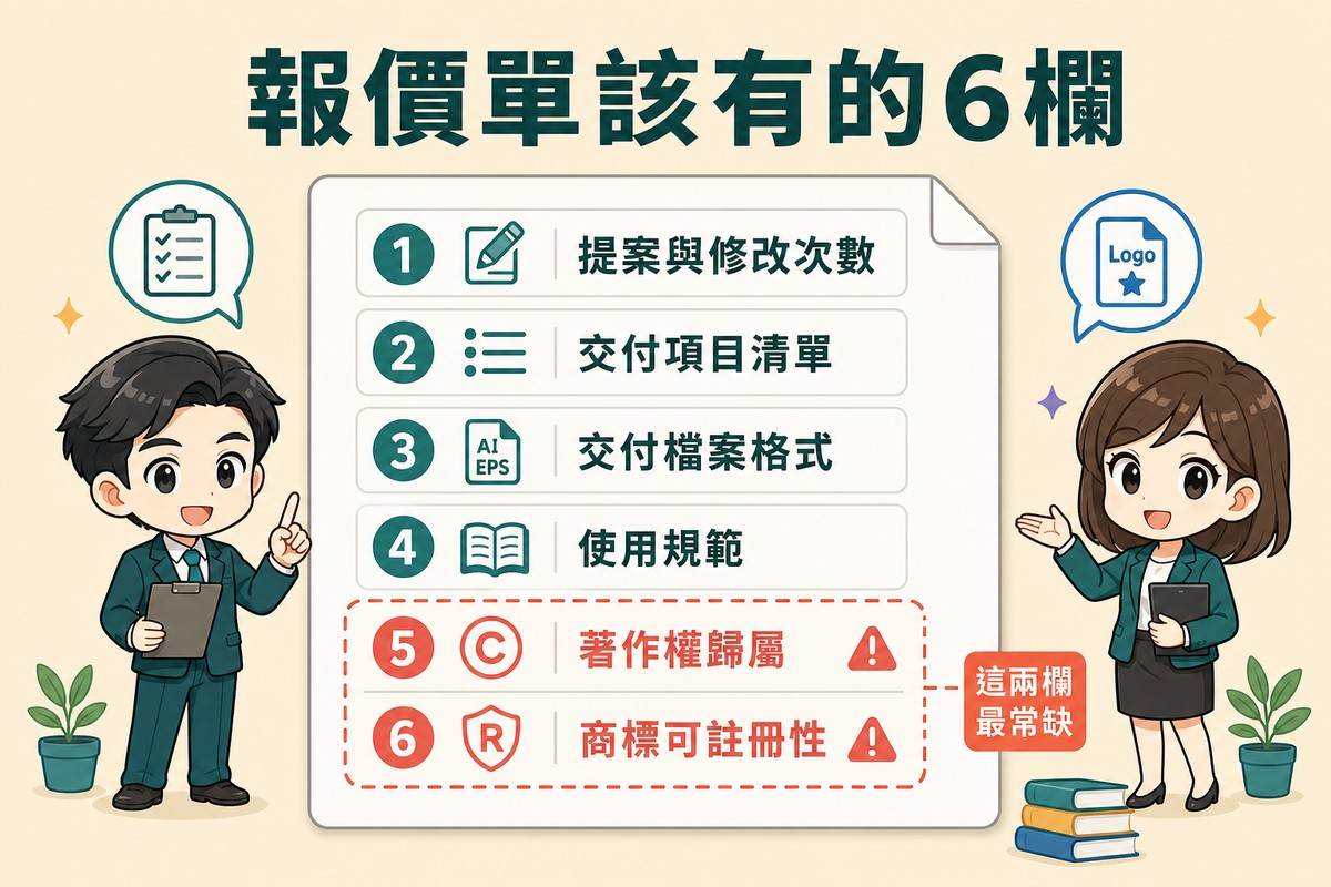 一張文件上的垂直編號清單六項,依序為提案與修改次數、交付項目清單、交付檔案格式、使用規範、著作權歸屬、商標可註冊性;後兩項用珊瑚色徽章加警示標記並以虛線框在一起,旁邊標籤寫著這兩欄最常缺。