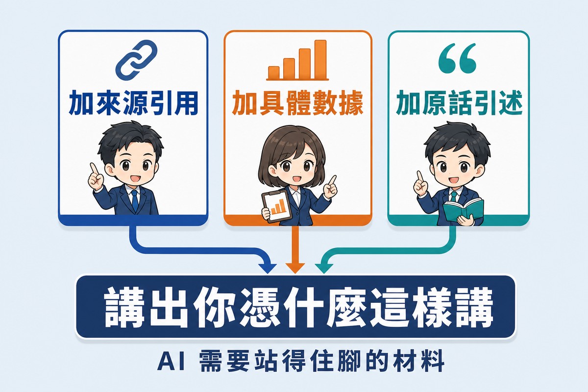 解說圖:上排三個方框加來源引用、加具體數據、加原話引述,三個箭頭往下匯聚到一個大框,框內寫「講出你憑什麼這樣講」。