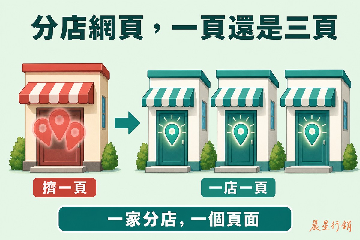 左邊一棟建築物門口擠了三個模糊重疊的地址標示牌,右邊三棟獨立建築物各自清楚掛著一個地址標示牌並發光。