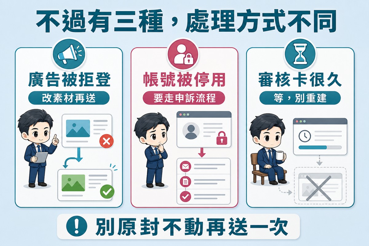 解說圖:三張並排卡片,依序為廣告被拒登配改素材再送、帳號被停用配要走申訴流程、審核卡很久配等別重建,第二張以對比色標示。