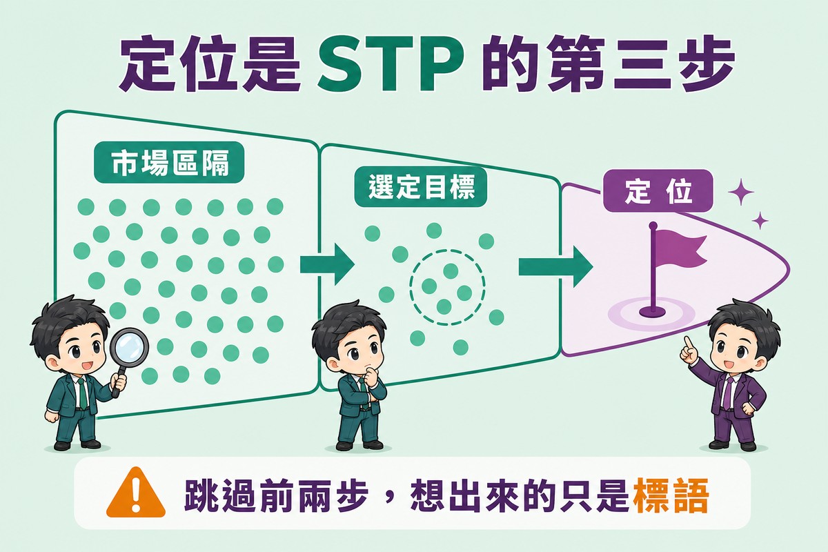 解說圖:三個由寬到窄的形狀以箭頭相連,依序為市場區隔配許多小點、選定目標配較少的點且其中一群被圈起、定位配一支插下的旗子並以對比色標示。