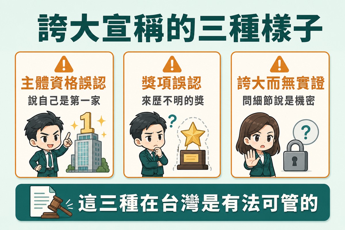 三張並排卡片各配一個警示圖示,依序是主體資格誤認配說自己是第一家、獎項誤認配來歷不明的獎、誇大而無實證配問細節說是機密,下方帶狀區塊寫著這三種在台灣是有法可管的。