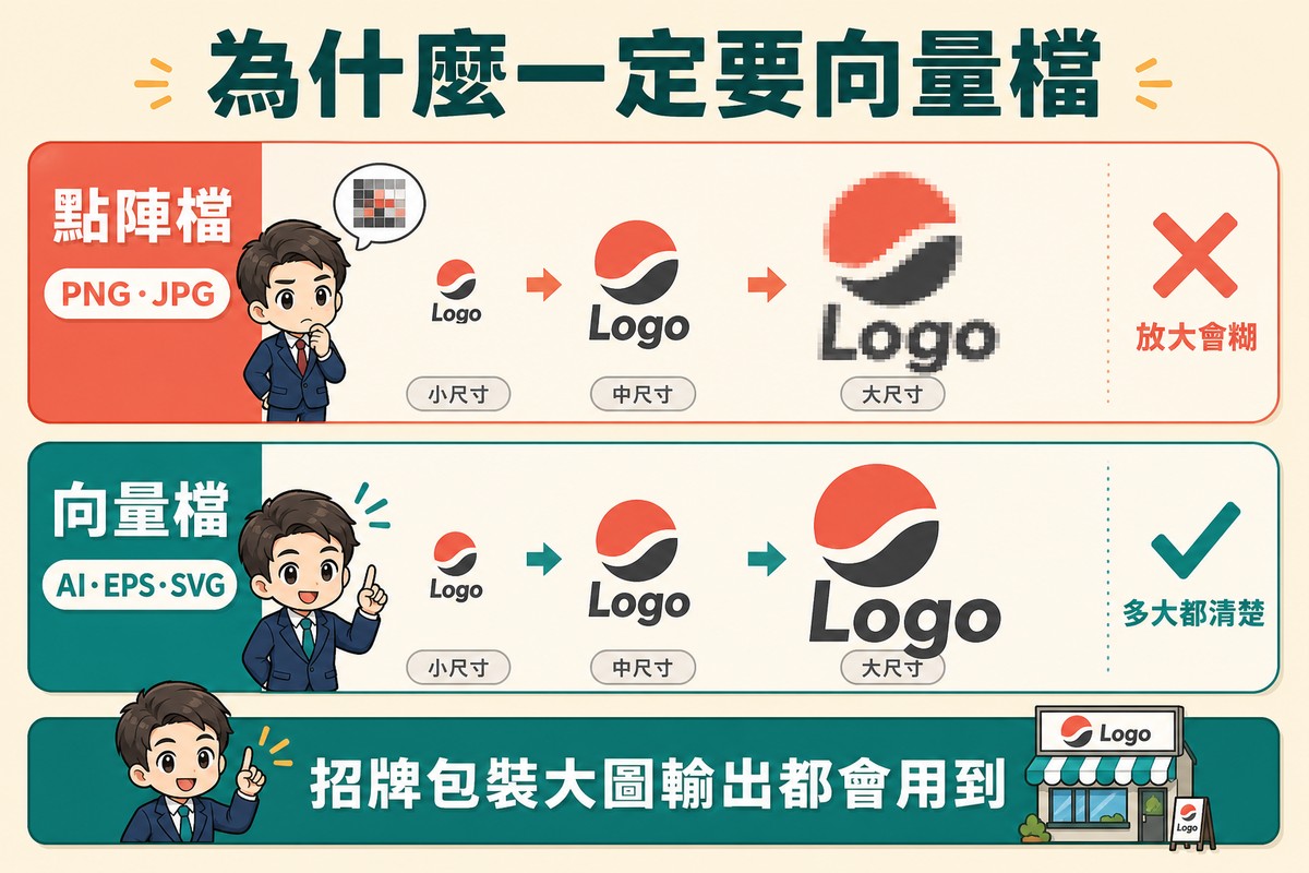 上下兩列,各把同一個Logo由小到大排三次;上列標點陣檔與PNG JPG,圖形越大越糊成馬賽克,最右打叉標放大會糊;下列標向量檔與AI EPS SVG,圖形每個尺寸都銳利,最右打勾標多大都清楚。