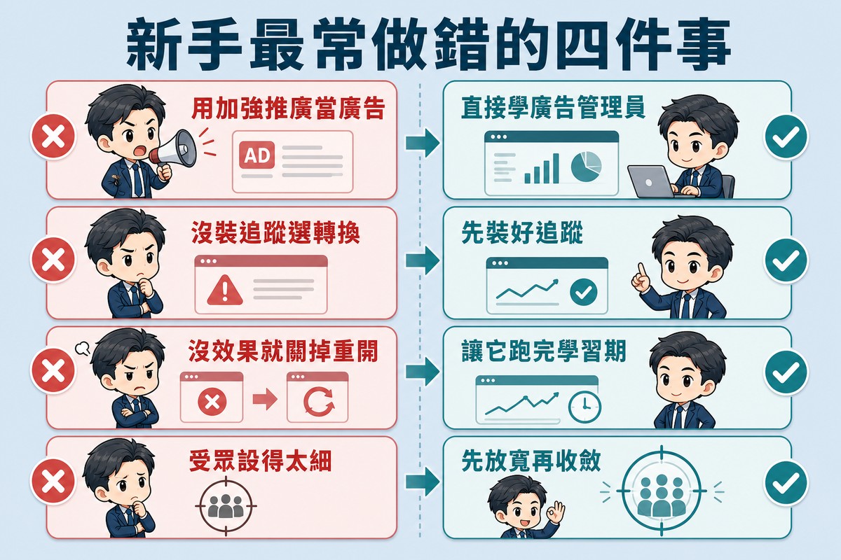 解說圖:四列左右對照,左半是錯誤做法配叉號,右半是正確做法配勾號,依序為用加強推廣當廣告對應直接學廣告管理員、沒裝追蹤選轉換對應先裝好追蹤、沒效果就關掉重開對應讓它跑完學習期、受眾設得太細對應先放寬再收斂。