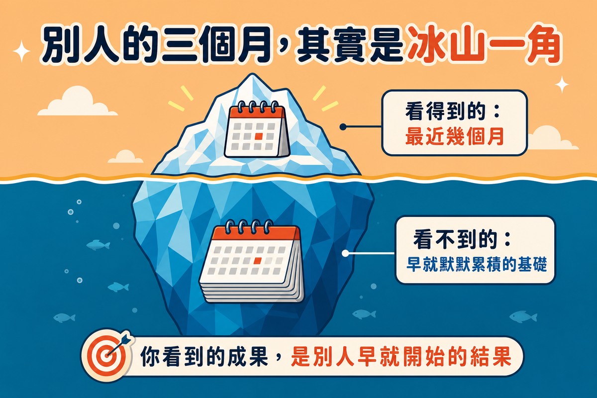 海平面上只露出一小截冰山標示著最近幾個月的日曆圖示，海平面下是巨大的冰山主體標示著長期累積的日曆堆疊。