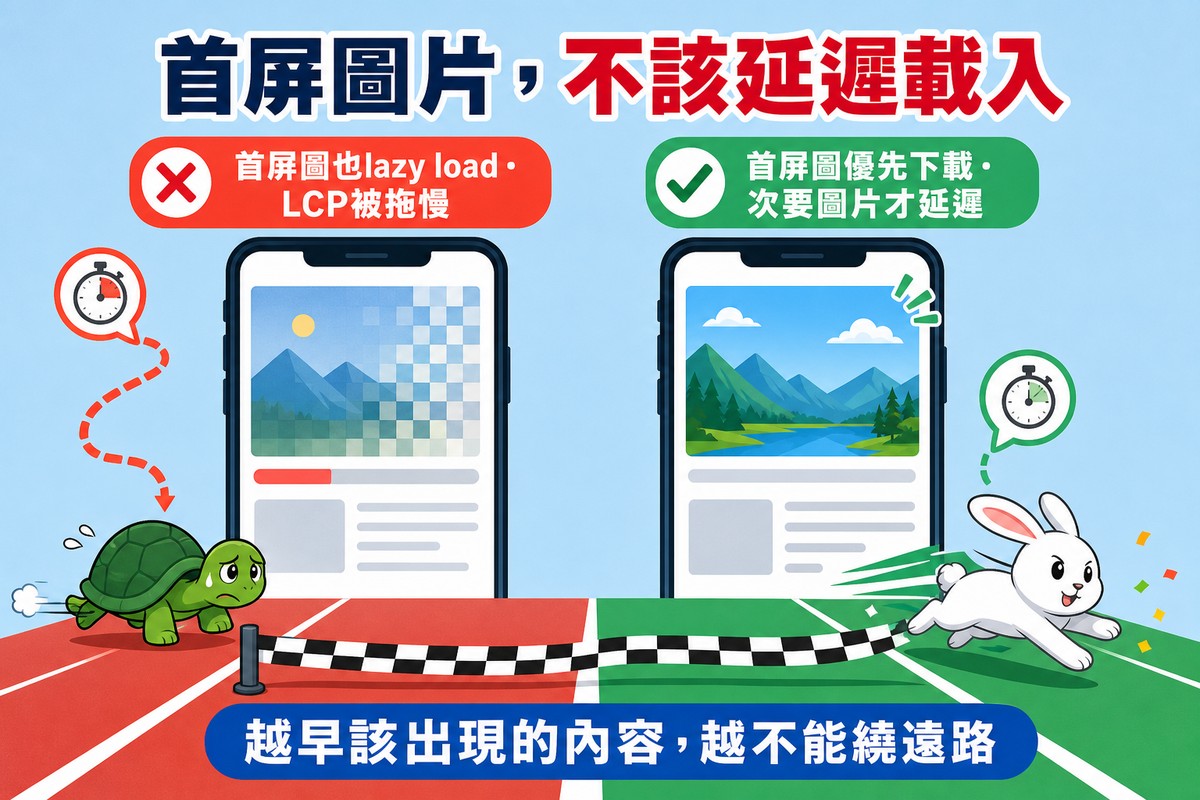 兩支手機賽跑對比,左邊烏龜代表首屏圖延遲載入導致LCP被拖慢,右邊兔子代表首屏圖優先下載提早完成