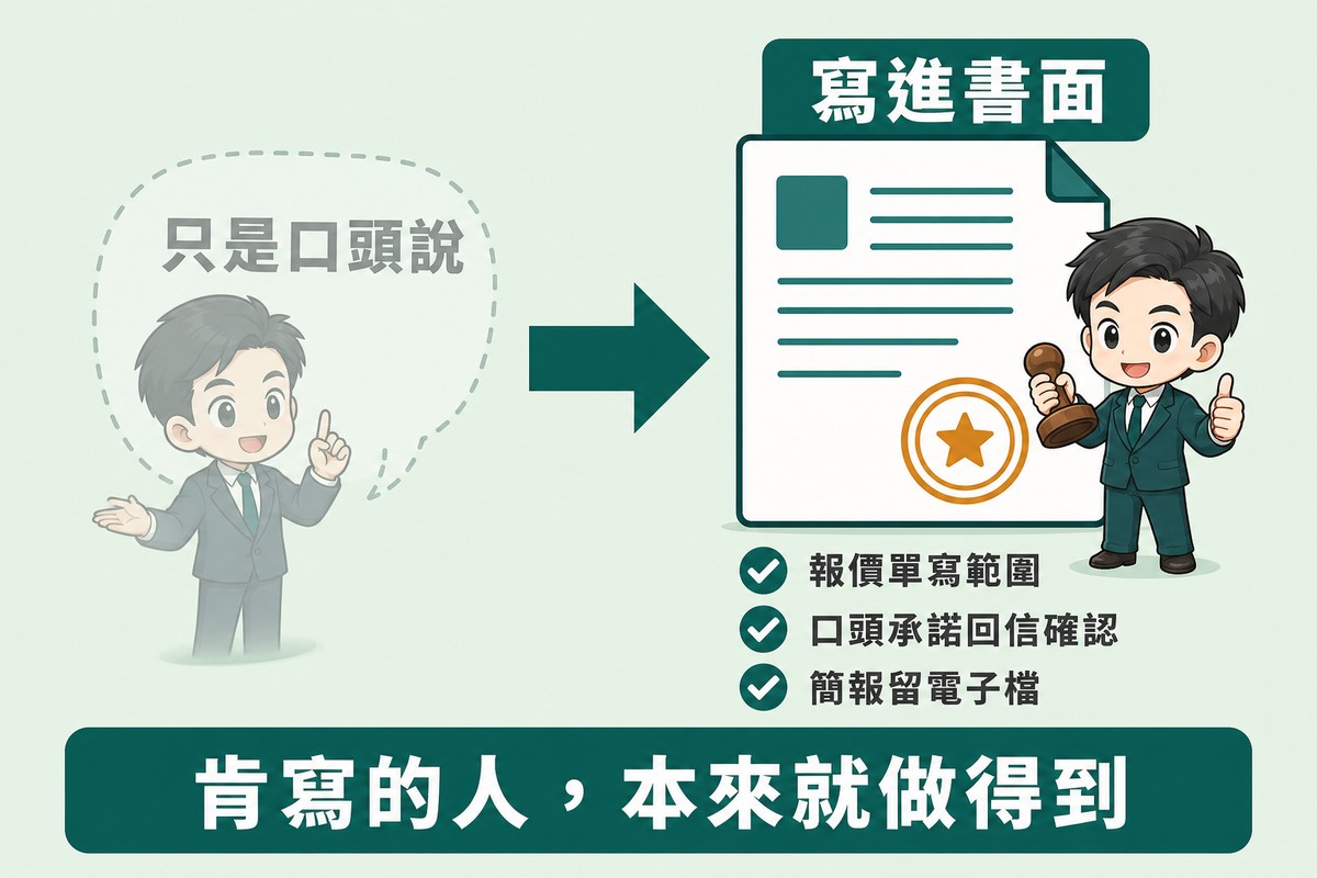 左邊一個虛線淡色的對話框正在飄走標示只是口頭說,粗箭頭指向右邊一份實心蓋章的文件標示寫進書面,文件下方三個勾號項目分別是報價單寫範圍、口頭承諾回信確認、簡報留電子檔。