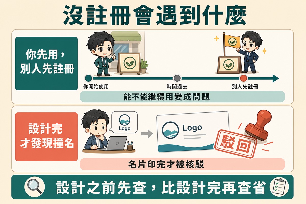 上下兩個場景,上面標你先用別人先註冊,一條時間軸上左邊企業主在使用招牌、右邊另一個人先插旗,說明能不能繼續用變成問題;下面標設計完才發現撞名,一張完成的Logo卡被蓋上駁回印章,說明名片印完才被核駁。