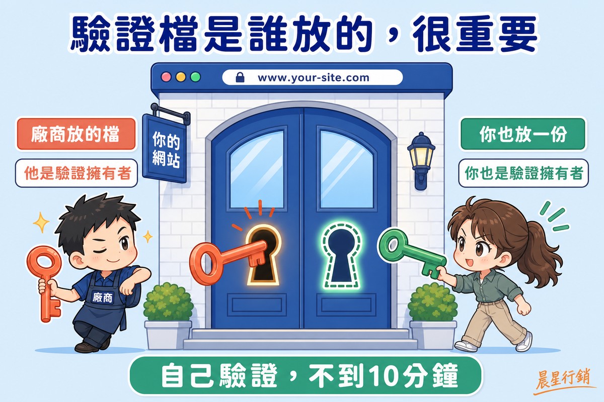 一扇網站大門有兩個鎖孔，左邊廠商的橘色鑰匙已經插入，右邊業主拿著綠色鑰匙準備插入自己的鎖孔