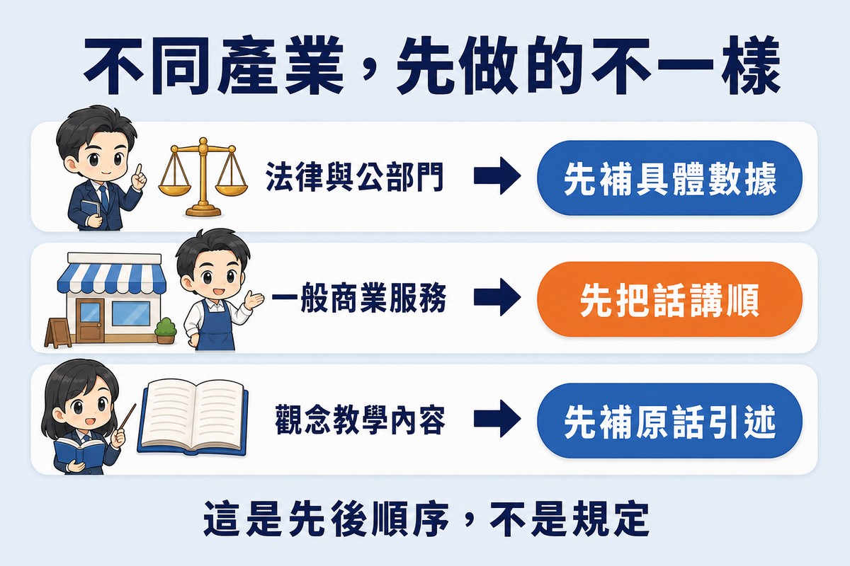解說圖:三列橫向對照,法律與公部門對應先補具體數據、一般商業服務對應先把話講順、觀念教學內容對應先補原話引述。