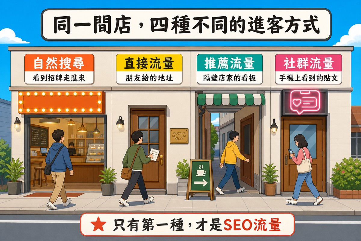 一間店面畫出四個不同的入口：自然搜尋是看到招牌走進來、直接流量是朋友給地址、推薦流量是隔壁店家看板、社群流量是手機上看到貼文，每個入口用不同顏色標示