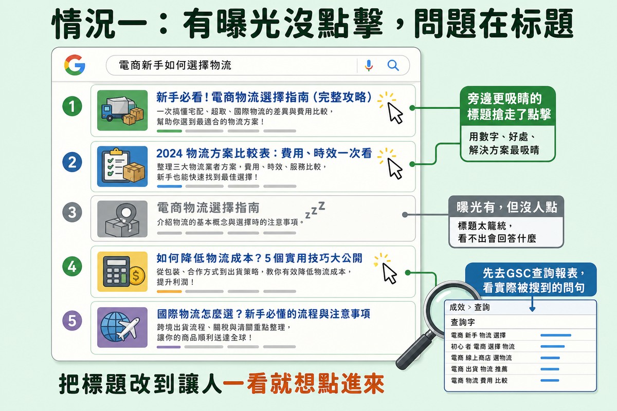 情況一：有曝光沒點擊，問題多半在標題和描述