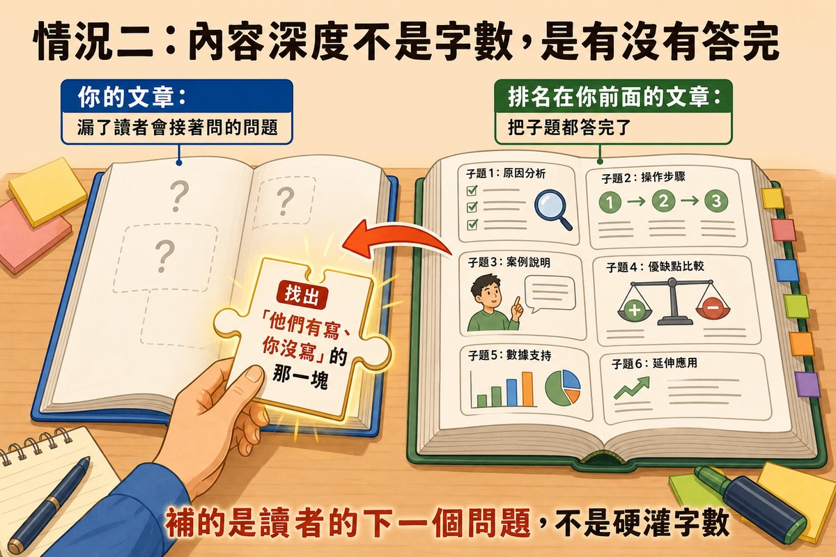 情況二：內容深度不是字數，是有沒有答完讀者的下一個問題