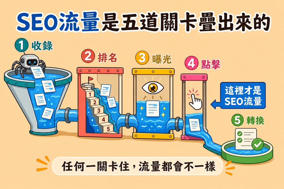 水流經過五個依序連接的濾網階段：收錄、排名、曝光、點擊、轉換，水量在點擊階段被標示為SEO流量，最後流進轉換水槽