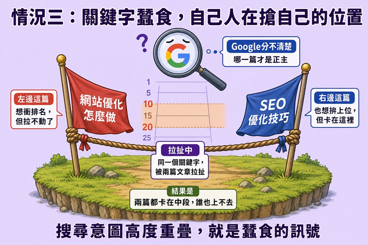 情況三：同一個關鍵字被兩篇文章拉扯，Google分不清楚哪一篇才是正主