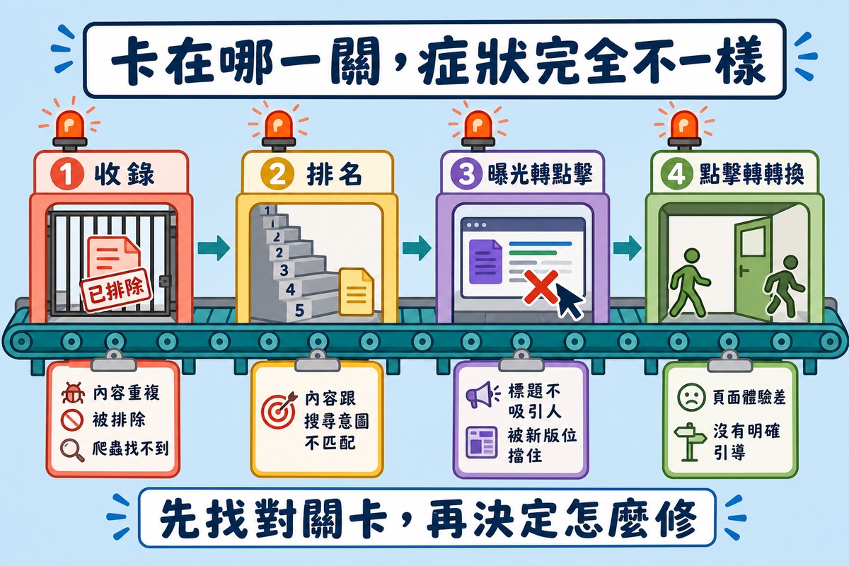 工廠輸送帶上四個檢查站，分別亮著警示燈標示收錄、排名、曝光轉點擊、點擊轉轉換四個關卡，每站下方掛著小卡片列出常見成因