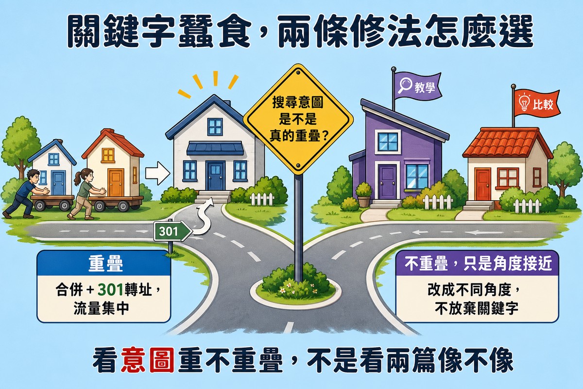 看搜尋意圖是不是真的重疊，決定合併還是改角度