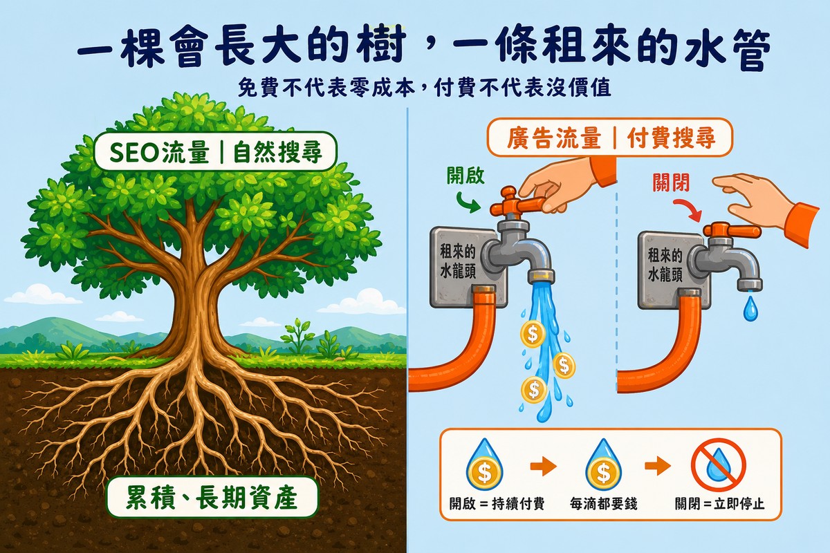左邊畫一棵根系深扎地下、枝葉茂盛的樹代表SEO流量是累積的長期資產，右邊畫一條租來的水管接水龍頭，手轉開才有水流出還滴著錢幣代表廣告流量要持續付費