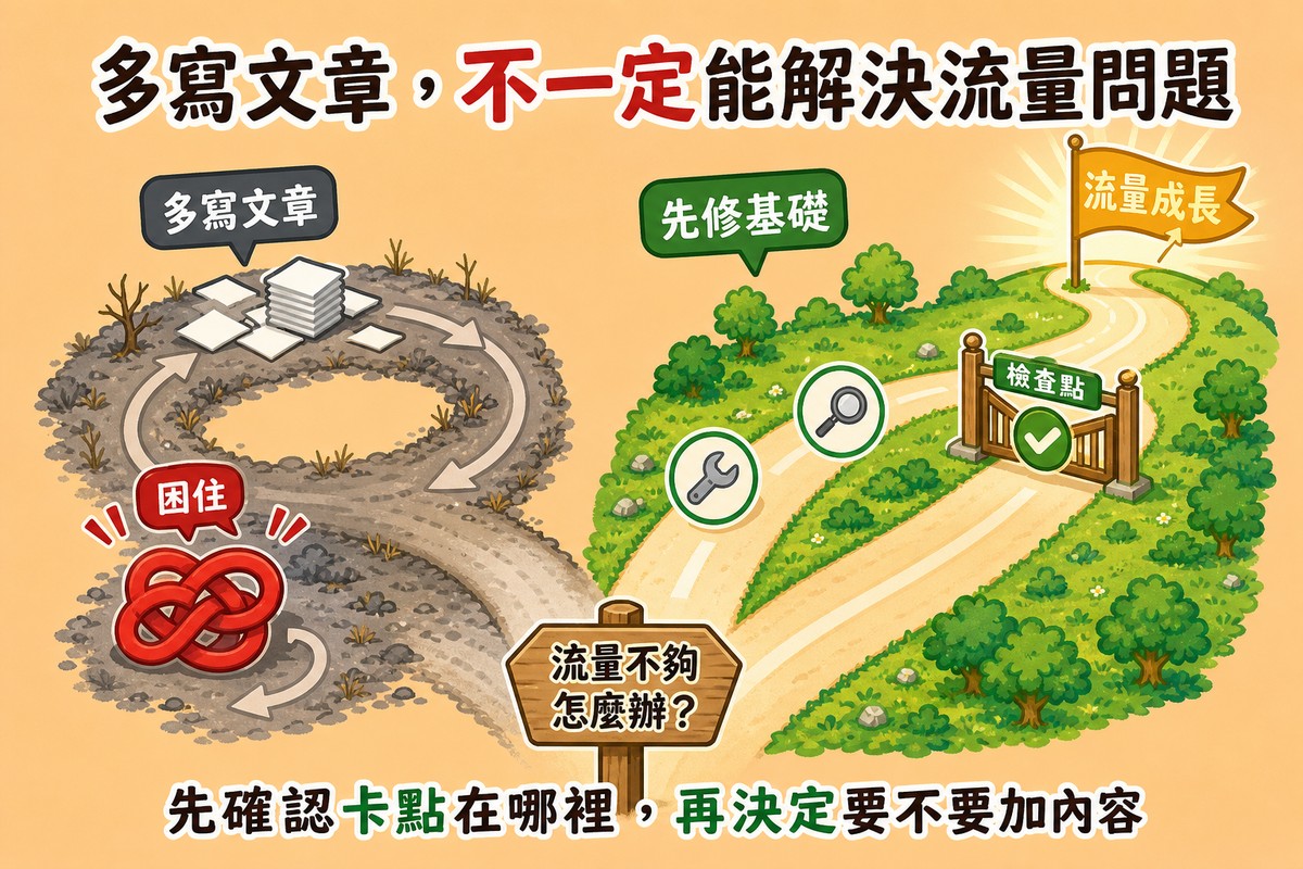 鳥瞰視角的岔路，左邊雜草小路通往一疊文件後又繞回打結的困住圖示，右邊鋪好的道路經過檢查站通往寫著流量成長的旗幟