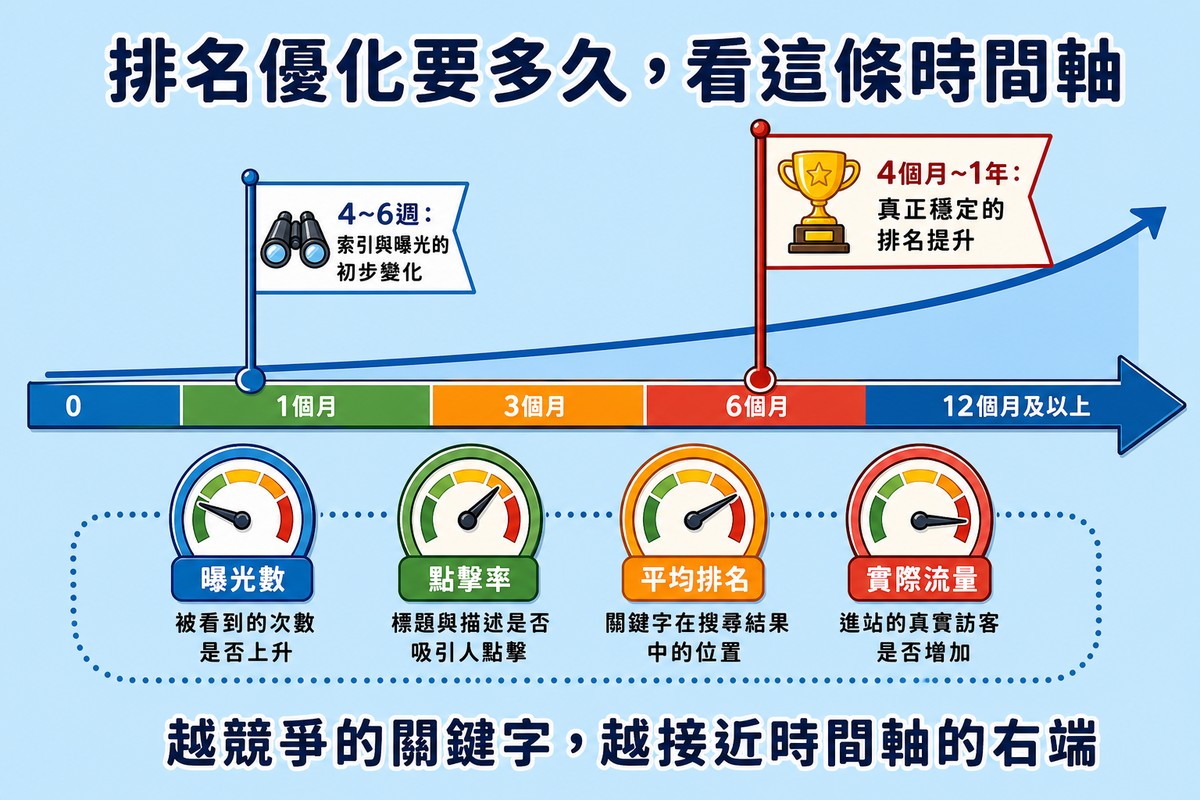 排名優化要多久，越競爭的關鍵字越接近時間軸右端