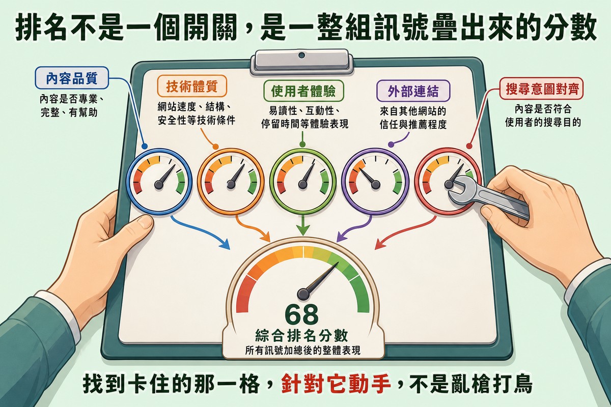 排名不是一個開關，是一整組訊號疊出來的分數