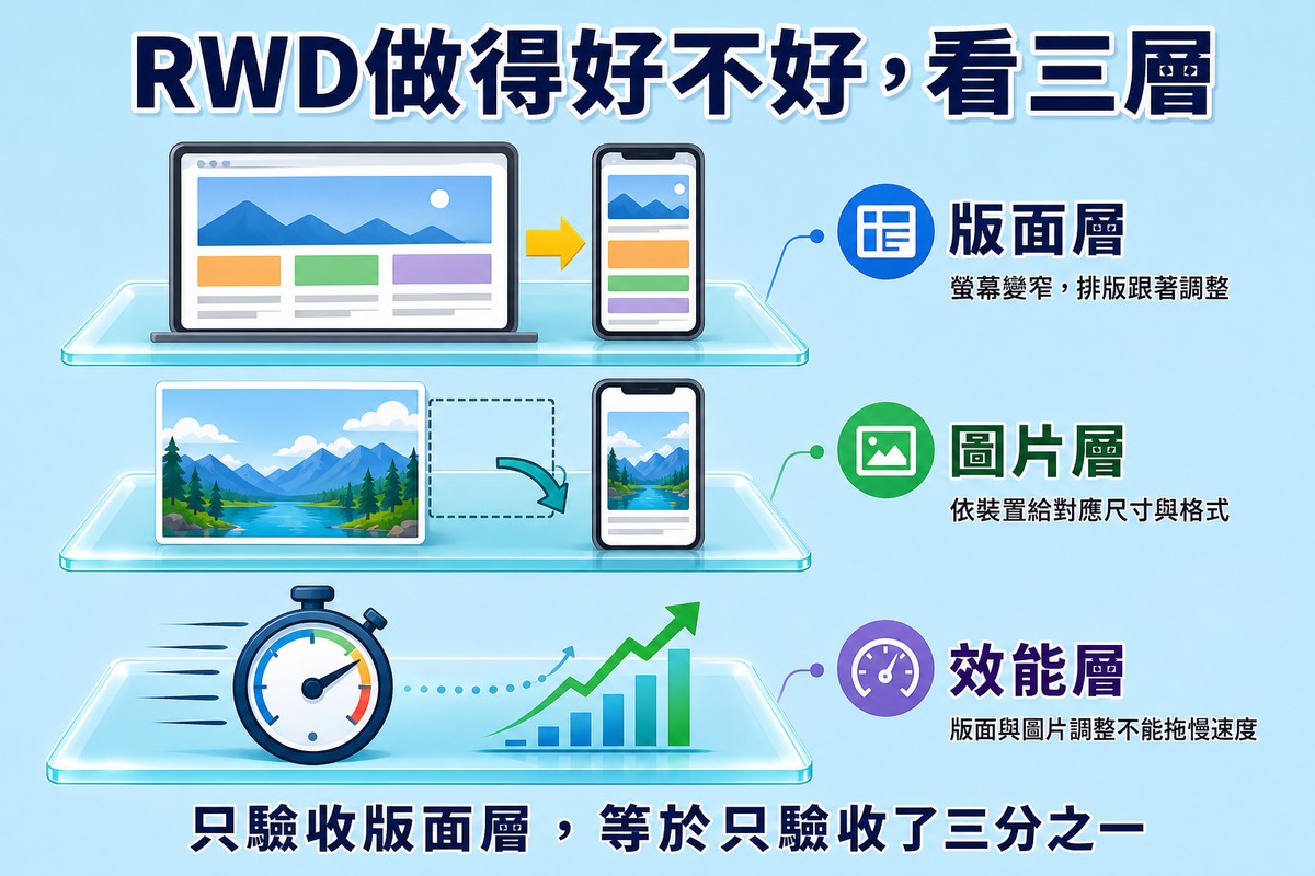 三層透明平台由上到下分別標示版面層(網頁排版依螢幕寬度自動調整)、圖片層(圖片依裝置給對應尺寸)、效能層(碼表與成長曲線代表速度指標),底部文字寫著只驗收版面層等於只驗收了三分之一