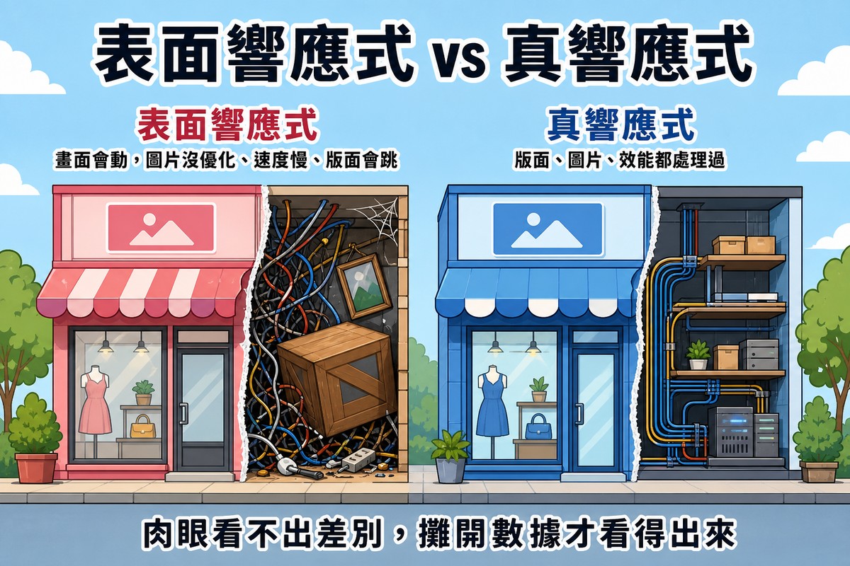 兩間外觀相同的店面,左邊店面剖面圖顯示內部電線雜亂、東西沒有妥善安置,標示為表面響應式;右邊店面剖面圖顯示內部整齊有序,標示為真響應式,底部文字寫著肉眼看不出差別、攤開數據才看得出來