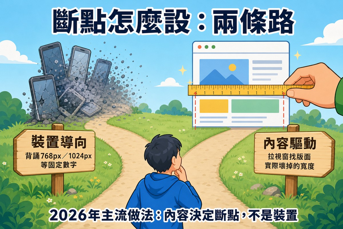 一條岔路,左邊通往一堆破碎過時的手機造型,標示為裝置導向、背誦768px/1024px等固定數字;右邊通往一隻手拿著量尺測量一個排版整齊的網頁版面,標示為內容驅動、拉視窗找版面實際壞掉的寬度,一個人站在岔路口思考,底部文字寫著2026年主流做法是內容決定斷點不是裝置