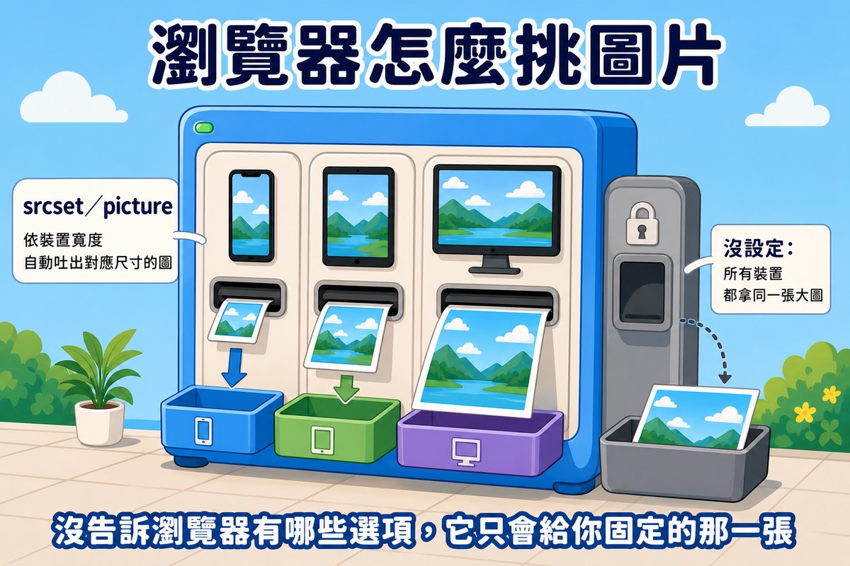 一台自動販賣機有手機、平板、桌機三種形狀的插槽,各自吐出對應尺寸的圖片卡片,標示為srcset/picture依裝置寬度自動吐出對應尺寸的圖,旁邊一個沒設定的插槽標示為所有裝置都拿同一張大圖,底部文字寫著沒告訴瀏覽器有哪些選項它只會給固定的那一張