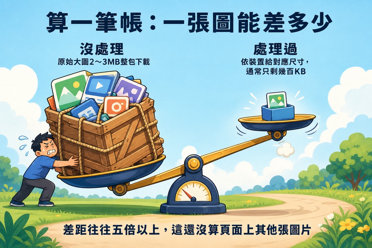 一個天秤,左邊秤盤沉重地放著一個大箱子標示為沒處理、原始大圖2到3MB整包下載,右邊秤盤輕盈地浮起放著一個小箱子標示為處理過、依裝置給對應尺寸通常只剩幾百KB,底部文字寫著差距往往五倍以上這還沒算頁面上其他張圖片