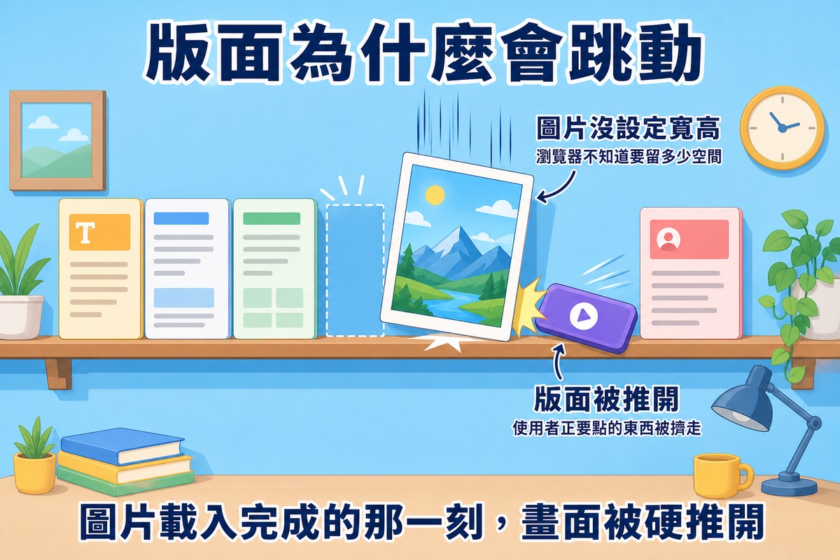 一個牆上層架擺放整齊的文字區塊卡片,一張大圖片突然從上方掉進沒有預留空間的縫隙,落地時撞歪了旁邊的按鈕圖示,標示圖片沒設定寬高、瀏覽器不知道要留多少空間,底部文字寫著圖片載入完成的那一刻畫面被硬推開