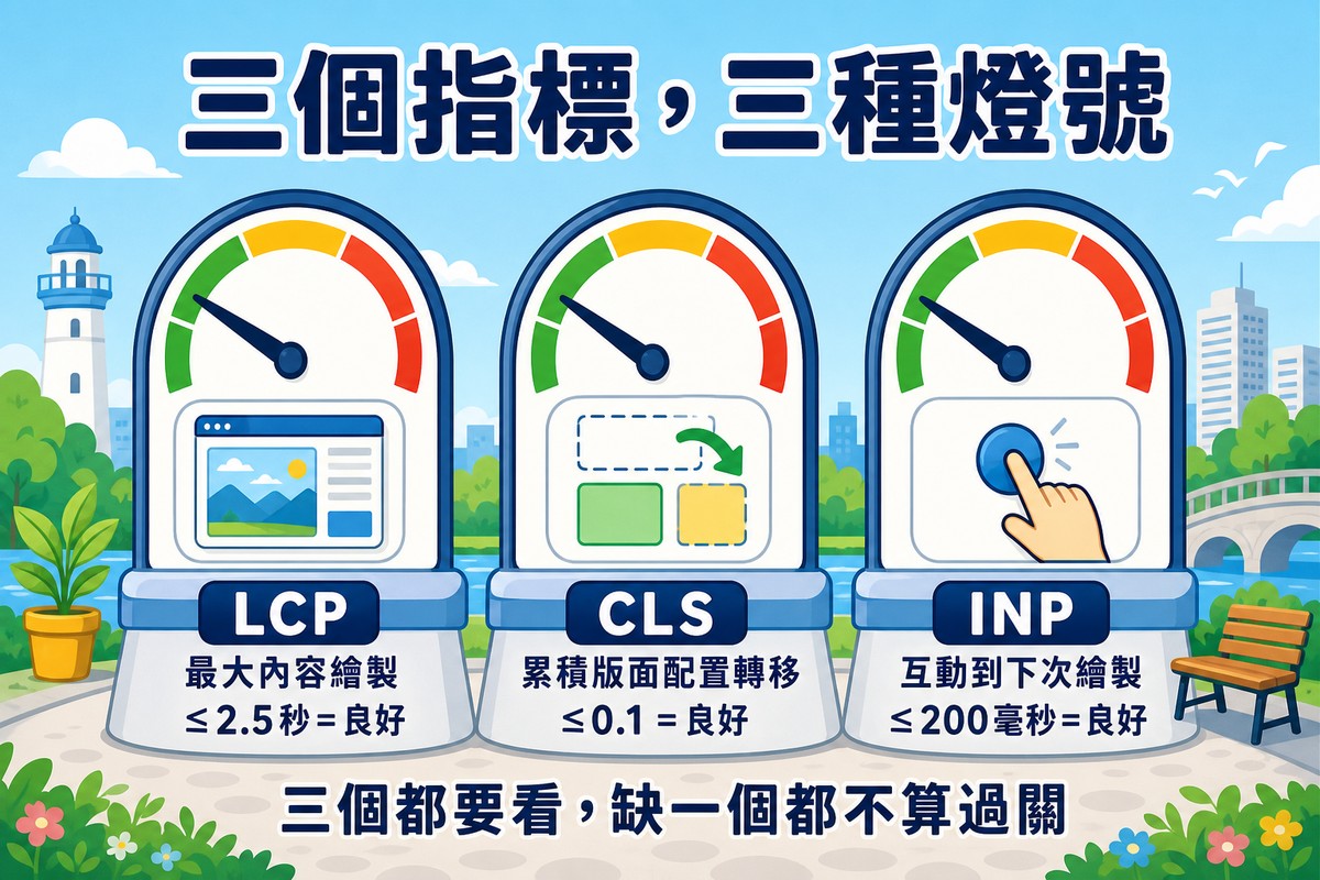 三個圓形儀表指針分別指向綠色區域,由左到右標示LCP最大內容繪製2.5秒以內為良好、CLS累積版面配置轉移0.1以下為良好、INP互動到下次繪製200毫秒以內為良好,每個儀表上還畫出黃色需改善與紅色不良的區間,底部文字寫著三個都要看缺一個都不算過關